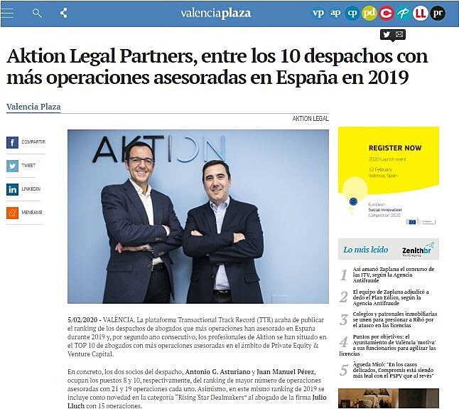 Aktion Legal Partners, entre los 10 despachos con ms operaciones asesoradas en Espaa en 2019